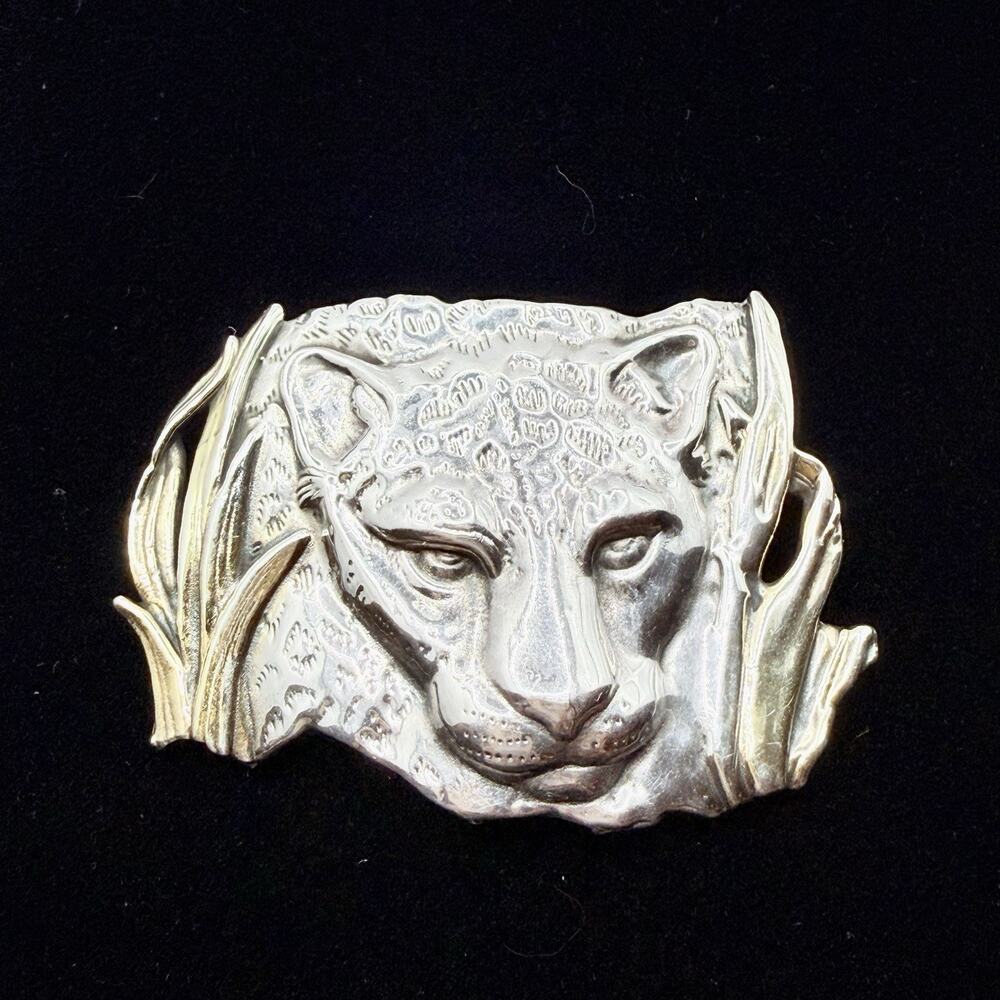 Sterling Silver 925 Leopard Cat Cougar Brooch Pin Pendant 2 Tone Large Puffy